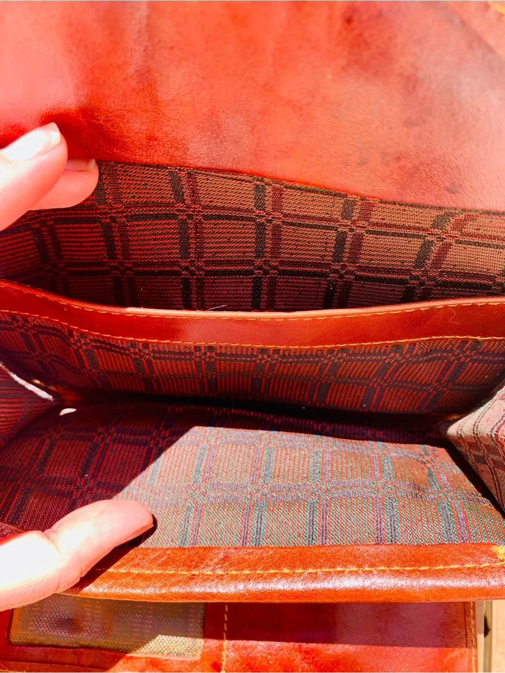 Handwoven Envelope Clutch with Brown Leather Trim in Brown and Red